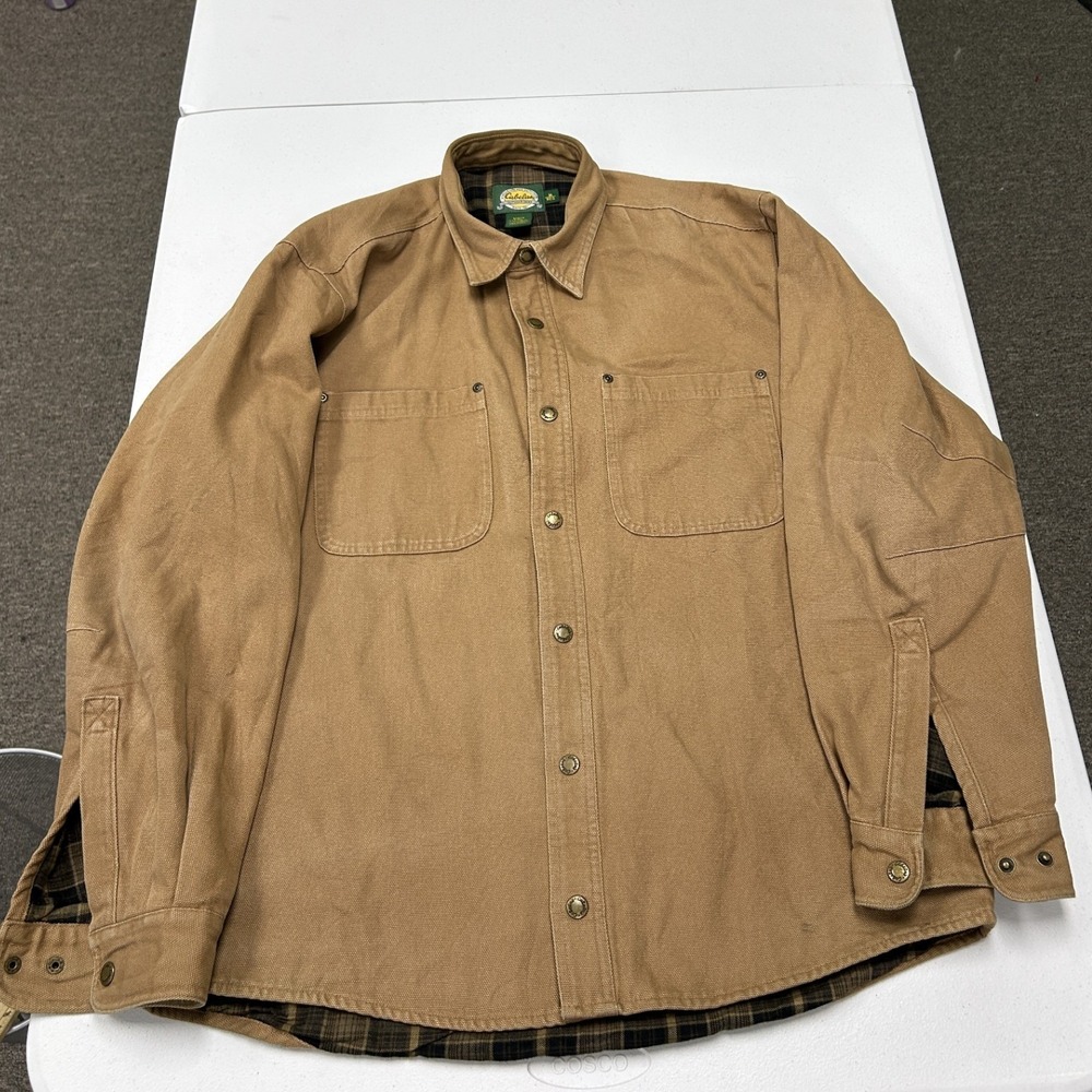 Cabela's Shirt Jacket Mens M Brown Flannel Lined Canvas Snap Front Workwear